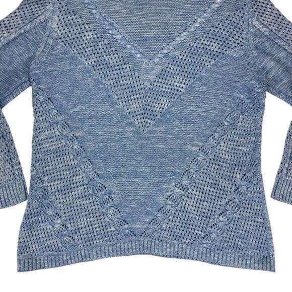 Chico's Textured Open Knit V-Neck Sweater Women L Blue Classic Oversize Pullover - Picture 11 of 16